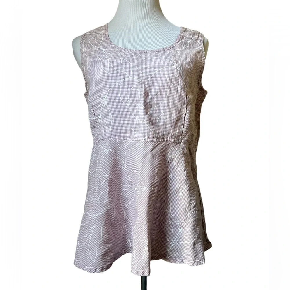 Flax Linen Gingham Floral Peplum Top, small